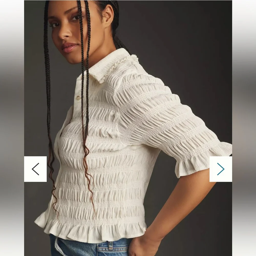 MAEVE Anthropologie Smocked Button Front Top Ivory Natural Cottagecore Chic 2X - Picture 5 of 16